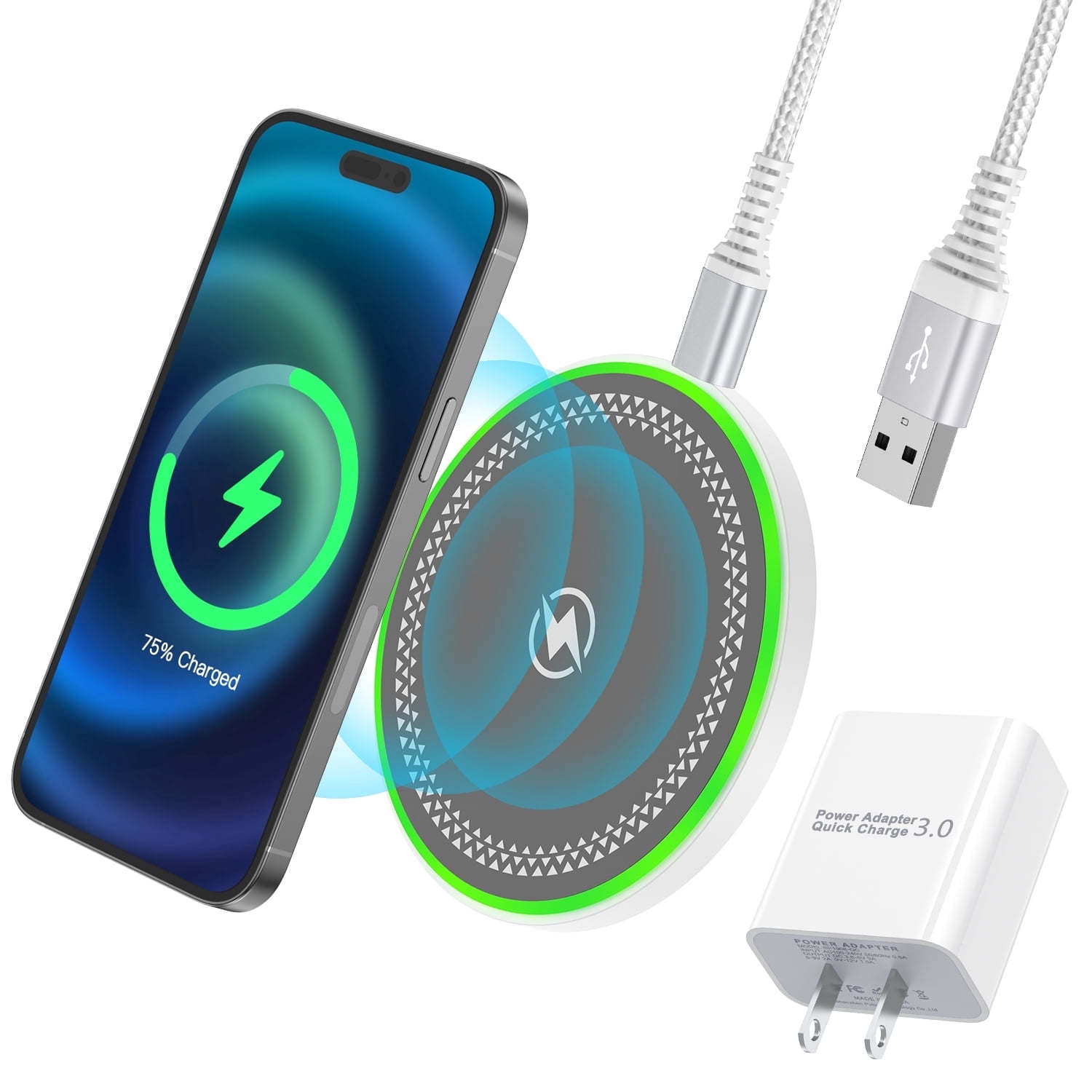 ABCPOW 15W Wireless Charger Android Fast Charging Pad w/ 1pc Android USB Charger Block and 1pc Type C Charger Cable,Wireless Charger Mat Charging Station Compatible for iPhone Samsung