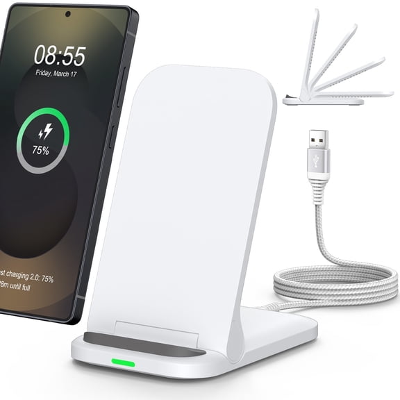 ABCPOW 1Pack Fast Wireless Charger Stand Compatible for iPhone 16 15 14 13,Foldable 15W Wireless Charger Pad for Samsung Galaxy S24 S23 Ultra Cordless Charging Station Android Phone Holder Dock,White