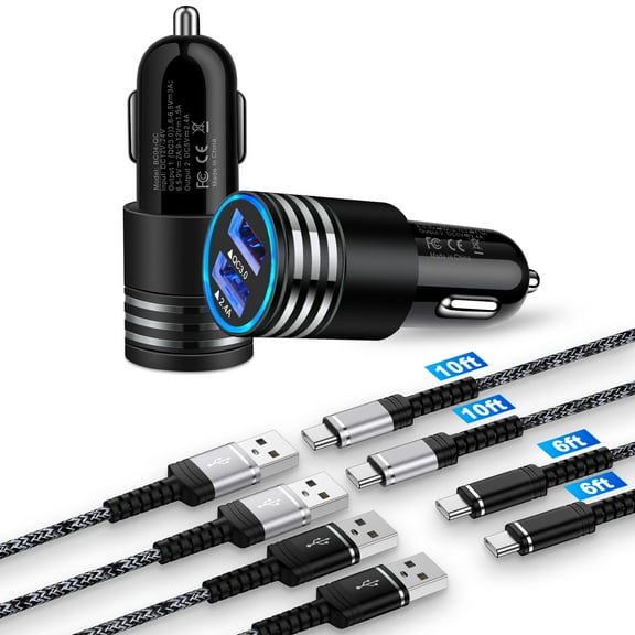 ABCPOW Car Charger,2PCS 30W Dual USB Car Charger Adapter with 4PACK 6ft/10ft Android Phone Cords Type C Charging Cable USB C Car Charger Type C Cables 6ft/10ft Car Cigarette Lighter Socket,Black