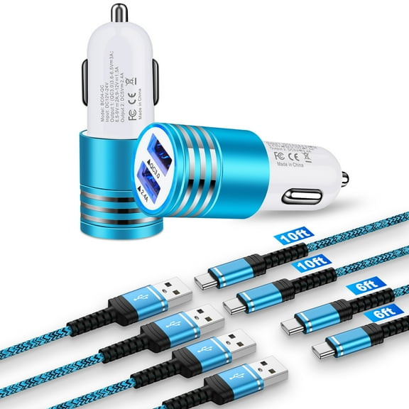 ABCPOW Car Charger,2PCS 30W Dual USB Car Charger Adapter with 4PACK 6ft/10ft Android Phone Cords Type C Charging Cable USB C Car Charger Type C Cables 6ft/10ft Car Cigarette Lighter Socket,Blue