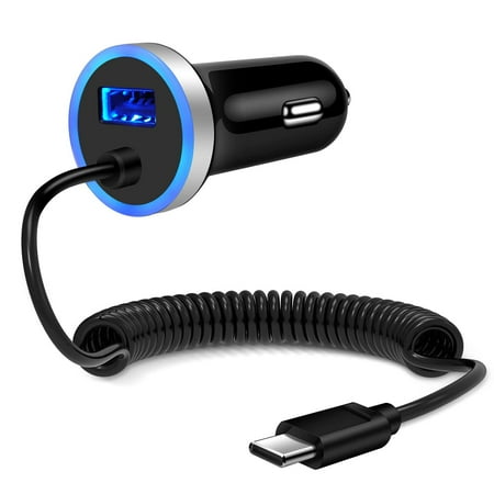 ABCPOW Car Charger,Car Charger Adapter USB C Type C Car Charger with Built-in Coiled Stretchable USB Type C Cable 3FT Car Cigarette Lighter Socket Usb C Charging Cable Cords Type C Car Adapter