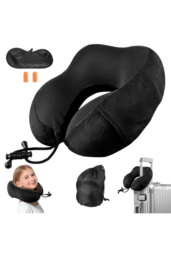 Neck Pillow for Traveling,Upgraded Travel Neck Pillow for Airplane 100% Pure Memory Foam Soft Portable Travel Pillow for Car,Train,Home Use,Flight Headrest Sleep,Washable Cover,Black