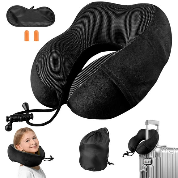 ABCPOW Neck Pillow for Traveling,Upgraded Travel Neck Pillow for Airplane 100% Pure Memory Foam Soft Portable Travel Pillow for Car,Train,Home Use,Flight Headrest Sleep,Washable Cover,Black