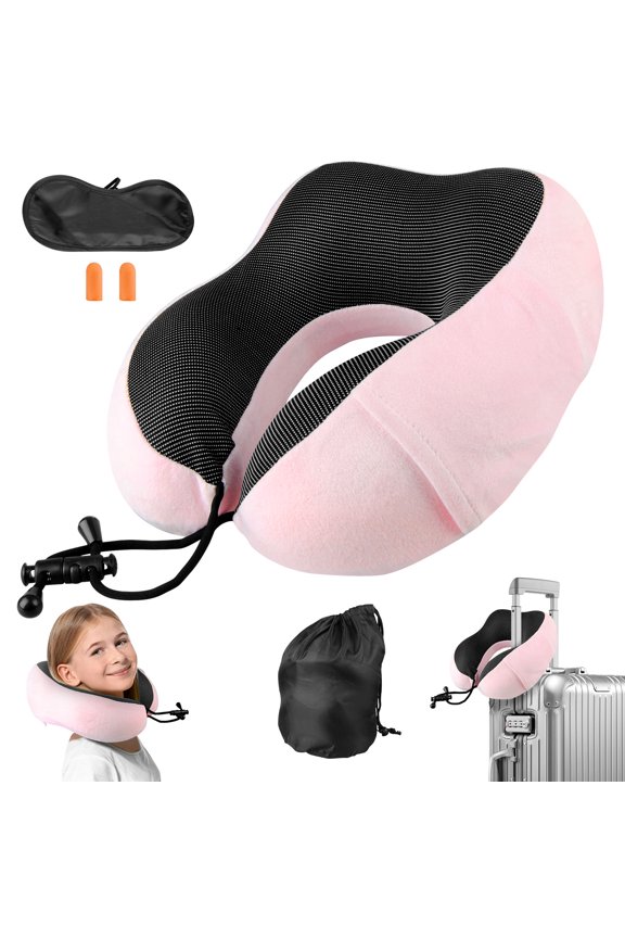 Neck Pillow for Traveling,Upgraded Travel Neck Pillow for Airplane 100% Pure Memory Foam Soft Portable Travel Pillow for Car,Train,Home Use,Flight Headrest Sleep,Washable Cover,Pink