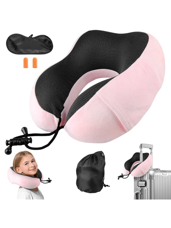 Neck Pillow for Traveling,Upgraded Travel Neck Pillow for Airplane 100% Pure Memory Foam Soft Portable Travel Pillow for Car,Train,Home Use,Flight Headrest Sleep,Washable Cover,Pink