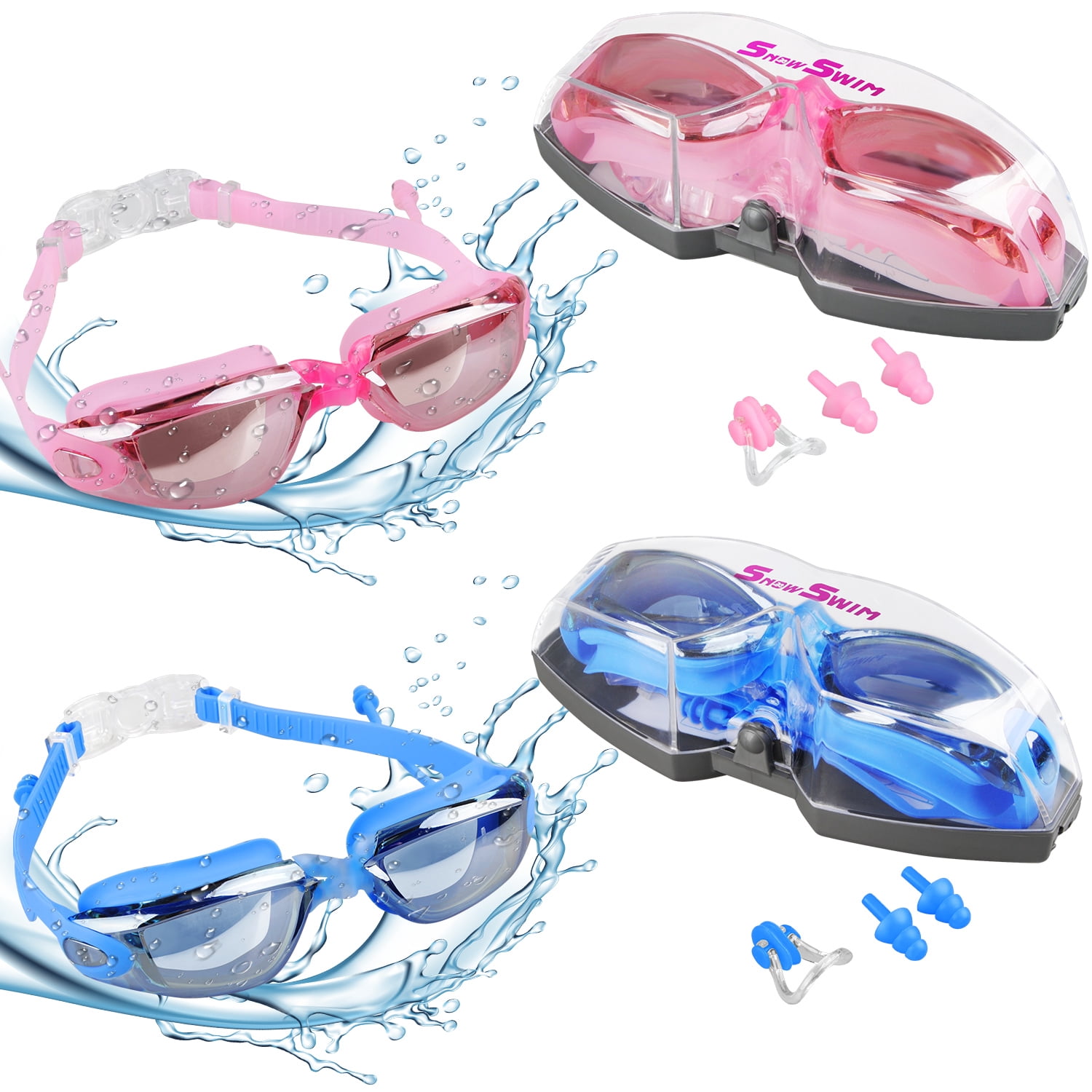 ABCPOW Swim Goggles,2 Pack Anti-fog Swim Pool Goggles w/ 2Sets Nose