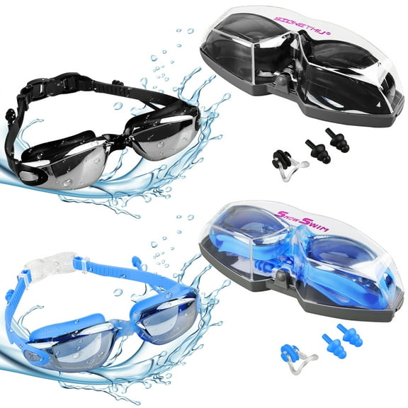 ABCPOW Swim Goggles,2 Pack Anti-fog Swim Pool Goggles w/ 2Sets Nose Clip & Earplugs No Leaking Anti-UV Full Protection Silicone Swimming Goggles for Teen Youth Adult Women Men Goggles Swim,Blue+Black