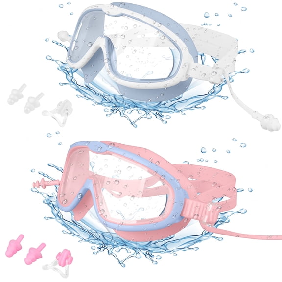 ABCPOW Swim Goggles 2 Pack Full Protection Swim Pool Goggles with 2 Sets Nose Clip & Earplugs Anti-Fog No Leaking Anti-UV Wide View Silicone Swimming Goggles for Kids 3-15 Goggles Swimming,Pink+Blue