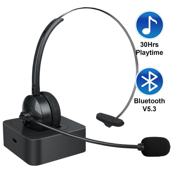 ABCPOW Trucker V5.3 Bluetooth Headset with Microphone,Noise Cancelling Headphones w/ Charging Base,Wireless On-Ear Earphones 30Hrs Playtime Wireless Headset for Office PC/Work/Cell Phone/Call Center