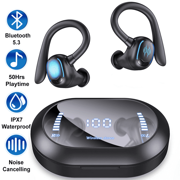 ABCPOW Wireless Earbuds for iPhone Android Bluetooth 5.3 Headphones 60H Playtime IPX7 Waterproof Over Ear Earphones w Earhooks Charging Case Noise