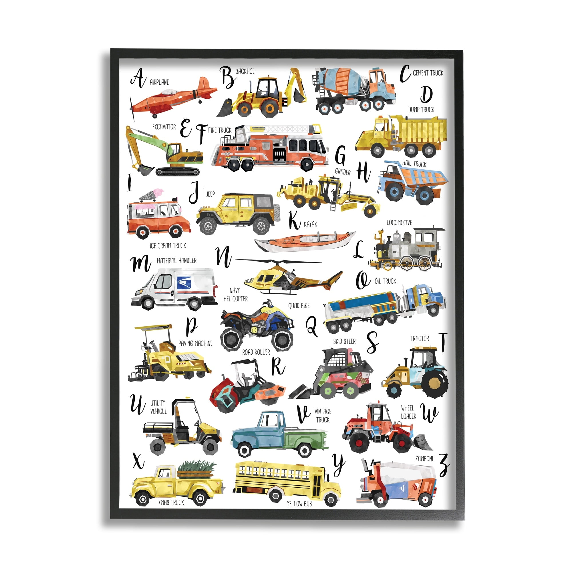 ABCs of Motor Vehicles Kids Alphabet Chart 11 in x 14 in Framed Painting Art Prints, by Stupell Home Décor