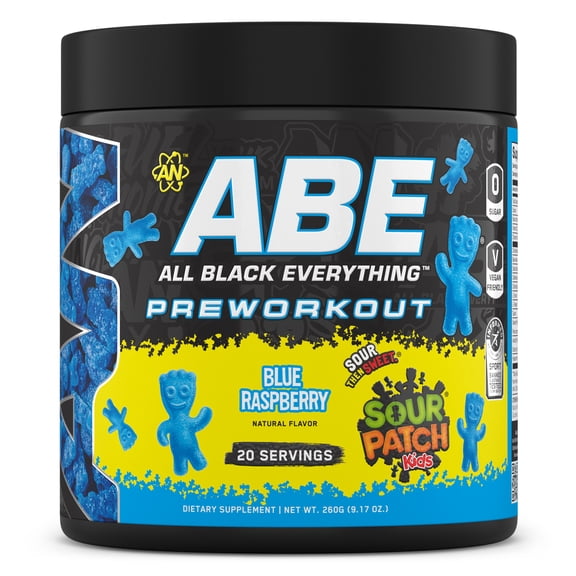 ABE Caffeine Pre Workout Powder, Sour Patch Kids Blue Raspberry Flavor, 20 Servings