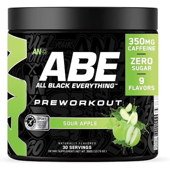 All Black Everything Pre Workout Powder | 30 Servings | Sour Apple | 350mg Caffeine | Nootropic Pre-Workout Blend | Beta Alanine + Citrulline | Energy Supplement for Men and Women