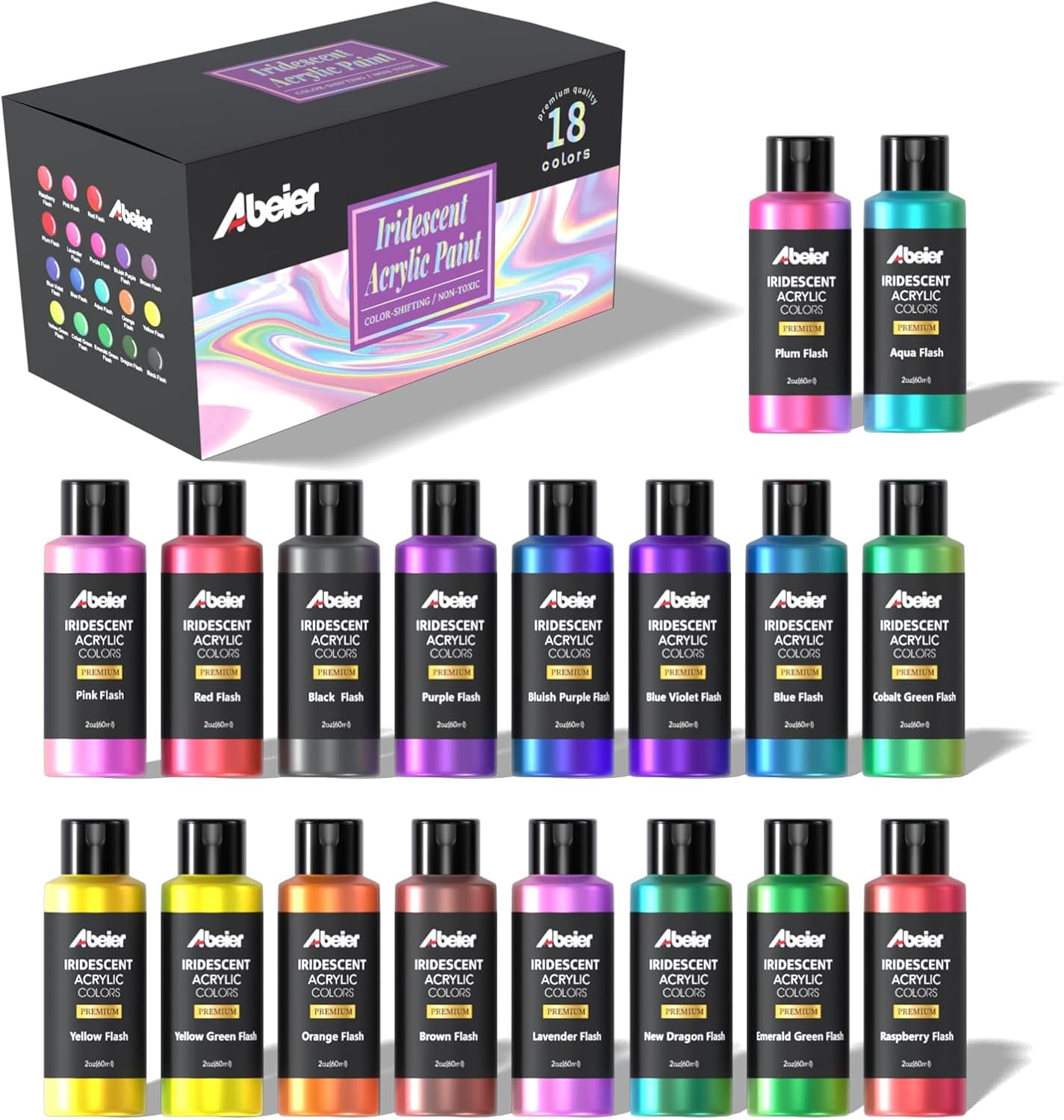 ABEIER Iridescent Acrylic Paint Set, 18 Colors x 2 oz, Non-Toxic | Non ...