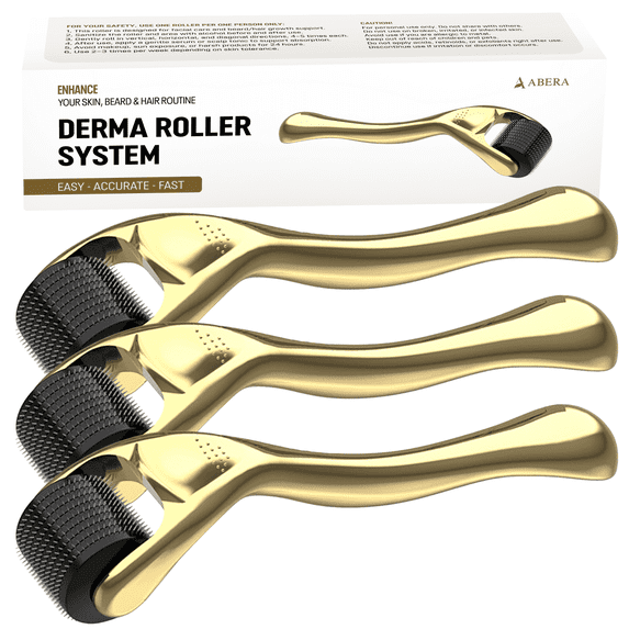 ABERA 540 Microneedle Roller for Face Care, Body, Beard and Hair, Gold (3 Pack)