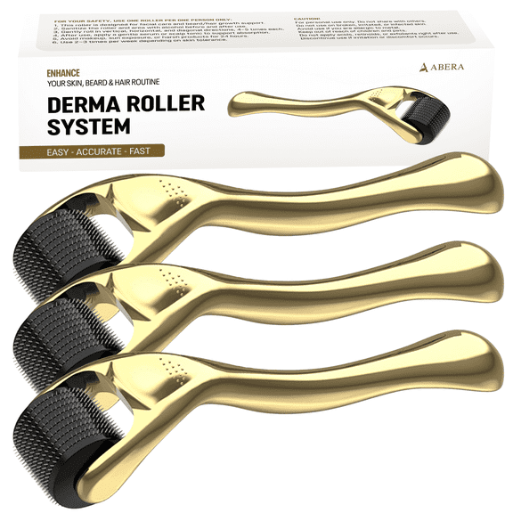 ABERA 540 Microneedle Roller for Face Care, Body, Beard and Hair, Gold (3 Pack)
