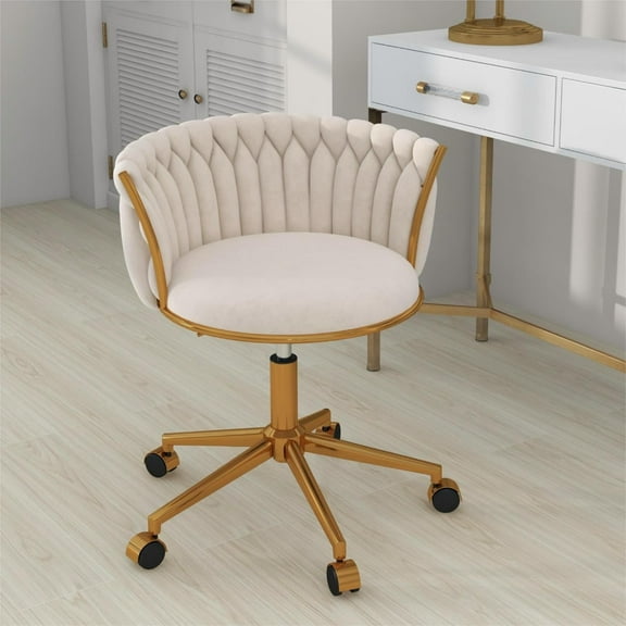 ABET Vanity Chair with Wheels, Small Velvet Office Desk Chair, Hand Woven Semi-Circle Makeup Stools for Girls Women Bedroom Nail Table, 360° Swivel & Height Adjustable Gold Base Armchair, Beige
