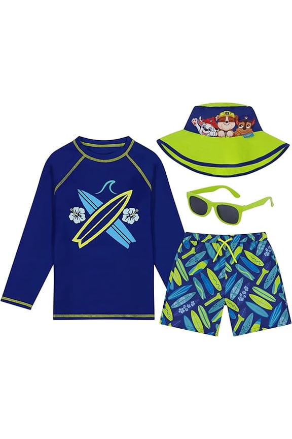 ABG Accessories Boys Paw Patrol Long Sleeves Rash Guard Swim Shorts, Glasses & Bucket Hat Kids Set Age 3-8