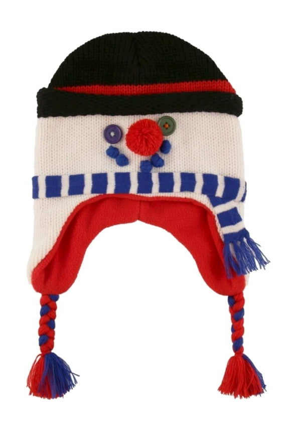Boys White Holiday Snowman Winter Cap Knit Peruvian Trapper Hat