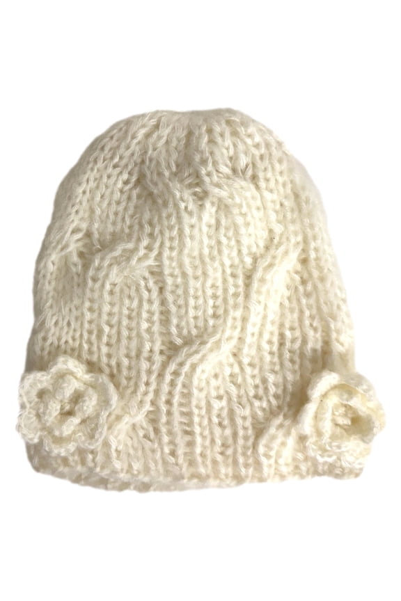 Girls Off White Cable Knit Beanie Winter Stocking Hat With Crochet Flowers