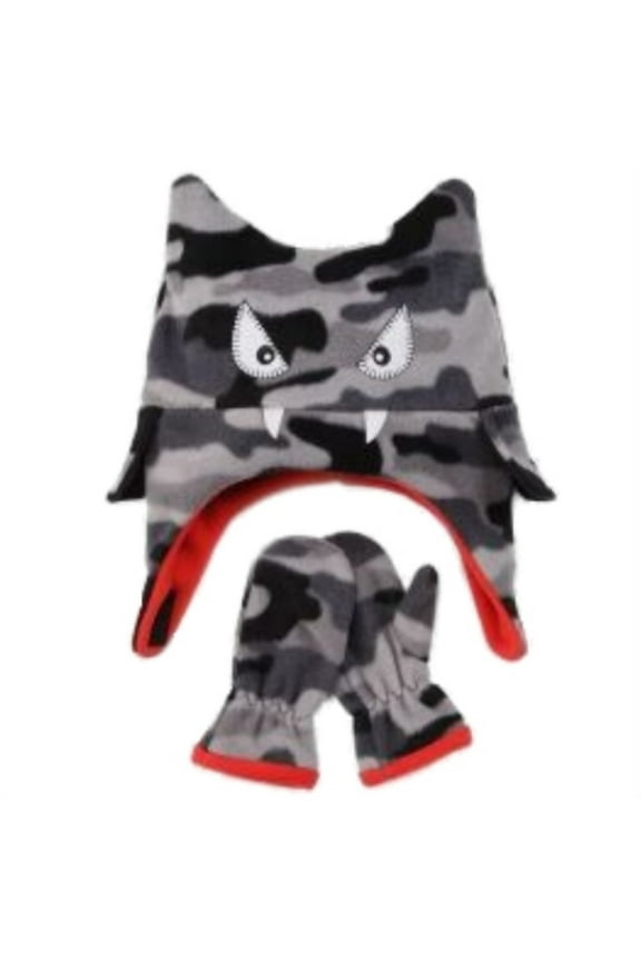 Infant & Toddler Boy Gray Cammo Monster Trapper Hat & Mittens Set Fleece Toddler (2-4T)