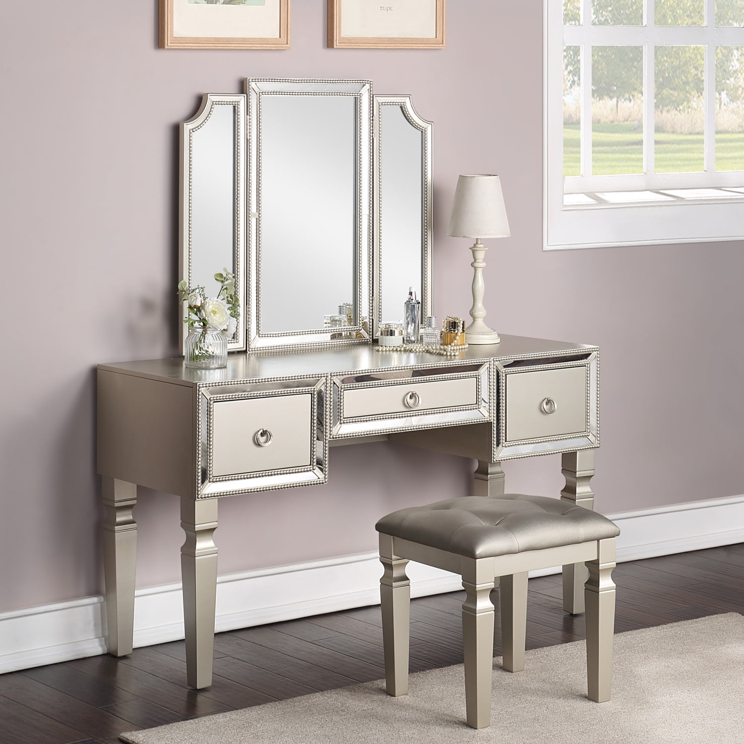 ABGKEPLY Luxurious Majestic Classic Color Vanity Set w Stool 3 Drawers