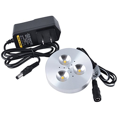 ABI 3W LED Puck Light Kit with Adapter for Under Cabinet Bookshelf and Showcase Lighting 240lm Warm White 2800K 25W Halogen Equivalent