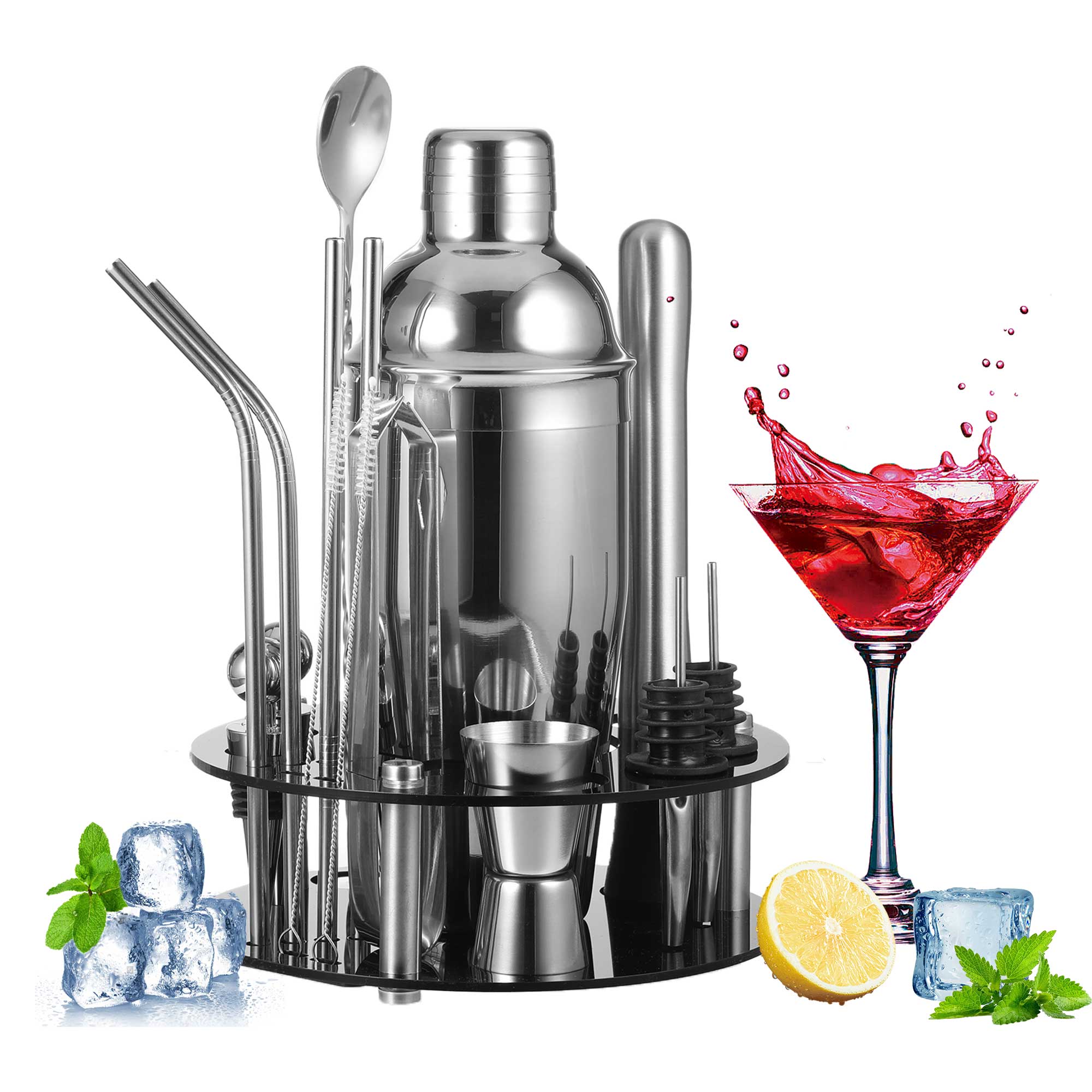 ABIDE 18Pcs Bartender Kit Cocktail Shaker Set Stainless Steel Bar Tools with Rotating Stand