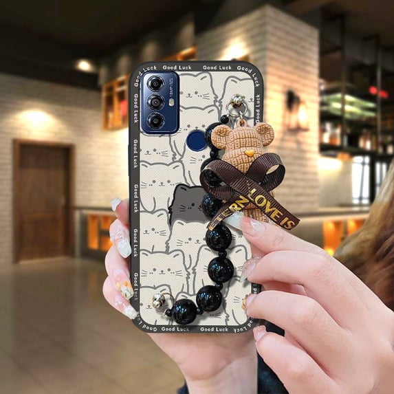 ABL-Phone Case For MOTO G Play 2023, Skin-friendly feel Anti-knock Bear bracelet Waterproof cute Back Cover Dirt-resistant Simplicity Cartoon soft case Black pearl pendant silicone