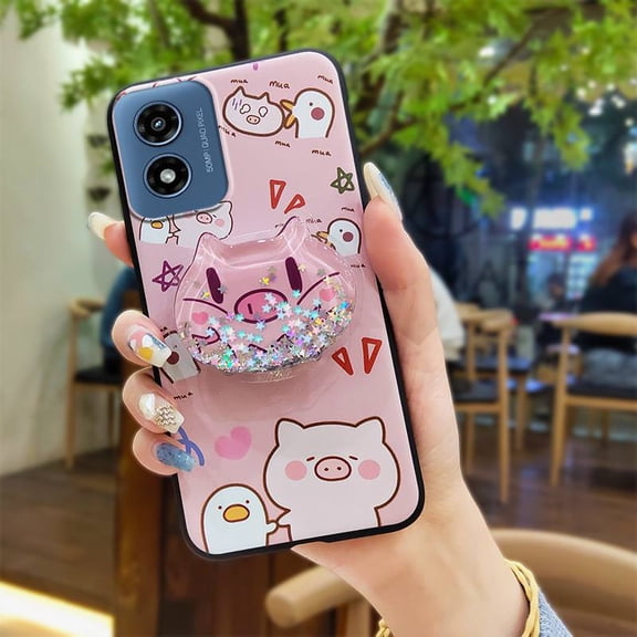 ABL-Phone Case For MOTO G Play 2024/4G/5G, Dirt-resistant Cartoon Protective Rotatable stand Phone Lens Protection Durable Anti-knock Back Cover Glitter TPU Fashion Design Soft Case cute