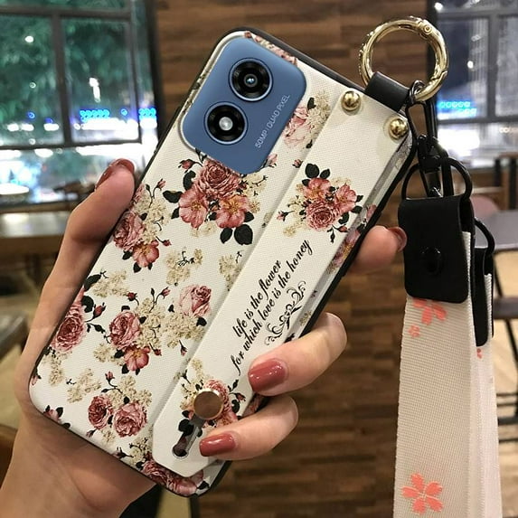ABL-Phone Case For MOTO G Play 2024/4G/5G, Protective Ring Back Cover Wrist Strap Wristband Anti-dust Soft case Flower Dirt-resistant Durable Shockproof Silicone Lanyard Anti-knock