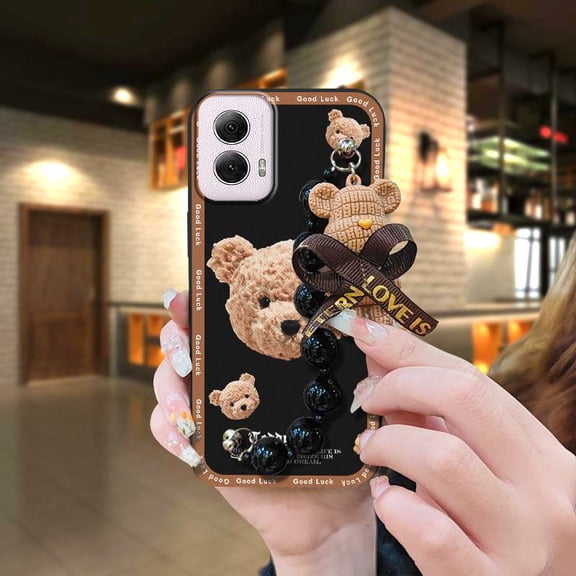 ABL-Phone Case For MOTO G Power 5G 2024, Skin-friendly feel Back Cover Cartoon Black pearl pendant cute Simplicity Bear bracelet Anti-knock silicone soft case Waterproof protective case