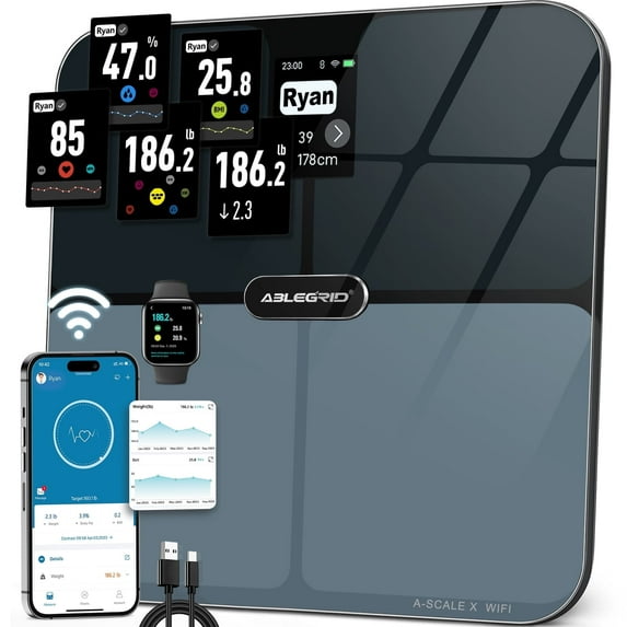 ABLEGRID WiFi Scale for Body Weight Fat, Smart Digital Bathroom Scale with Large Rotate TFT Display, 16 Body Composition Metrics BMI, Heart Rate, 400lb, Rechargeable, Black