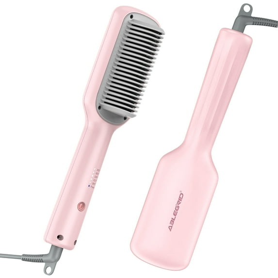 ABLEGRID Hair Straightener Brush for Women and Girls for Professional Salon, Portable Hair Straightener Comb for Travel, 20s Fast Heating & 5 Temp Settings & Anti-Scald, Dual Voltage, Pink