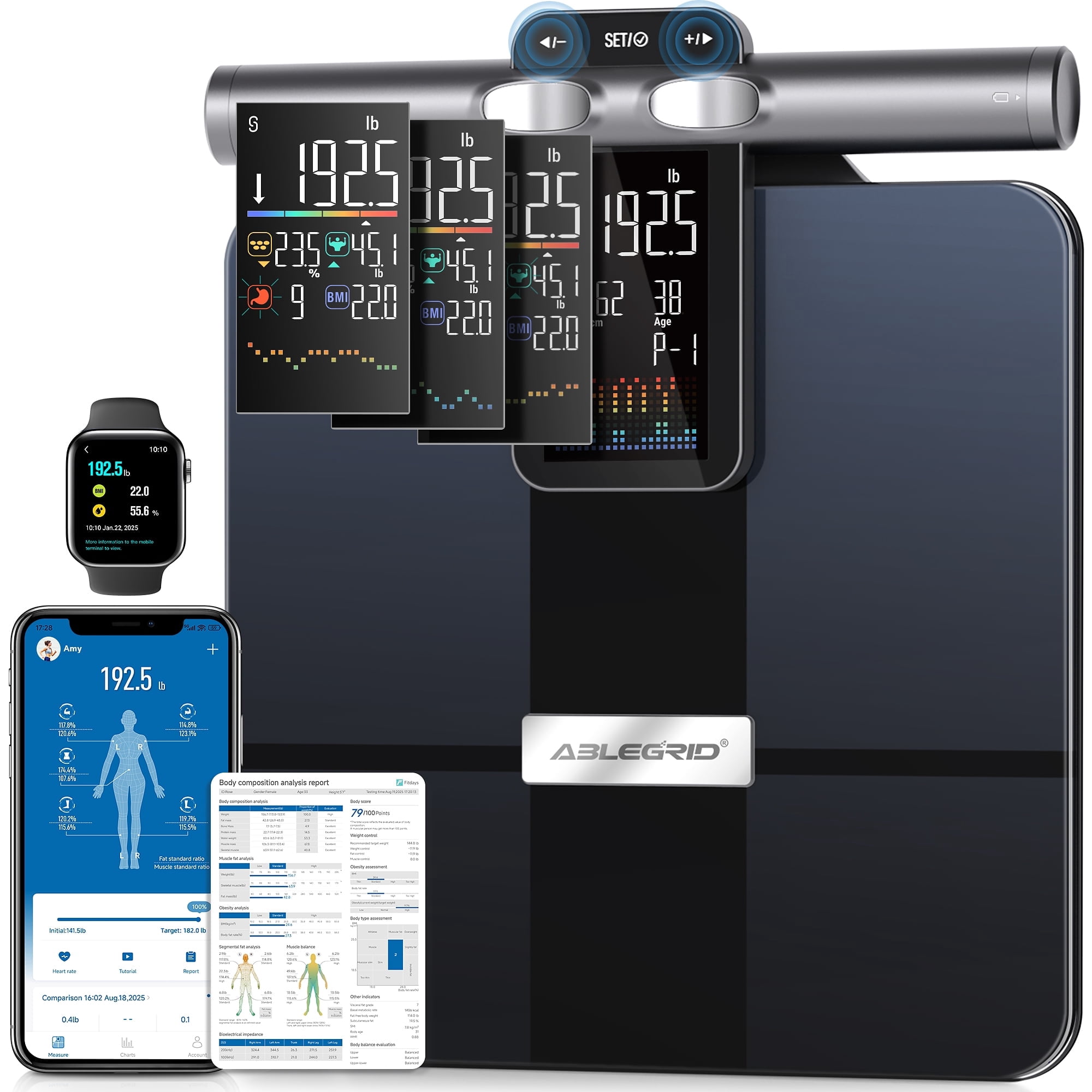 ABLEGRID Scale for Body Weight and Fat Percentage, 8-Electrode Smart Body Fat Scale, Large Display Digital Weight  Scale, 26 Body Composition Metrics BMI with Fitness App, 400lb, Black