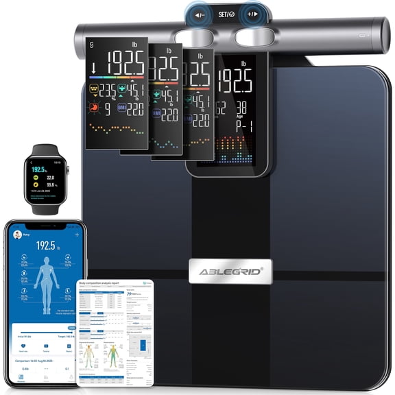 ABLEGRID Scale for Body Weight and Fat Percentage, 8-Electrode Smart Body Fat Scale, Large Display Digital Weight Scale, 26 Body Composition Metrics BMI with Fitness App, 400lb, Black