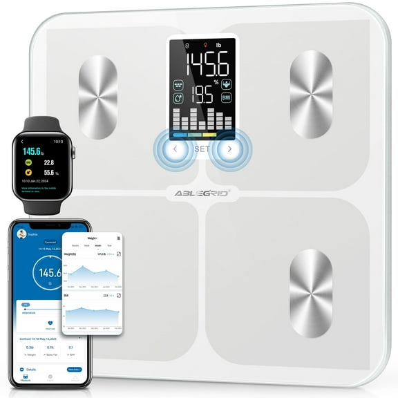 ABLEGRID Smart Accurate Digital Bathroom Scale with Bluetooth App, White, 400lb Capacity