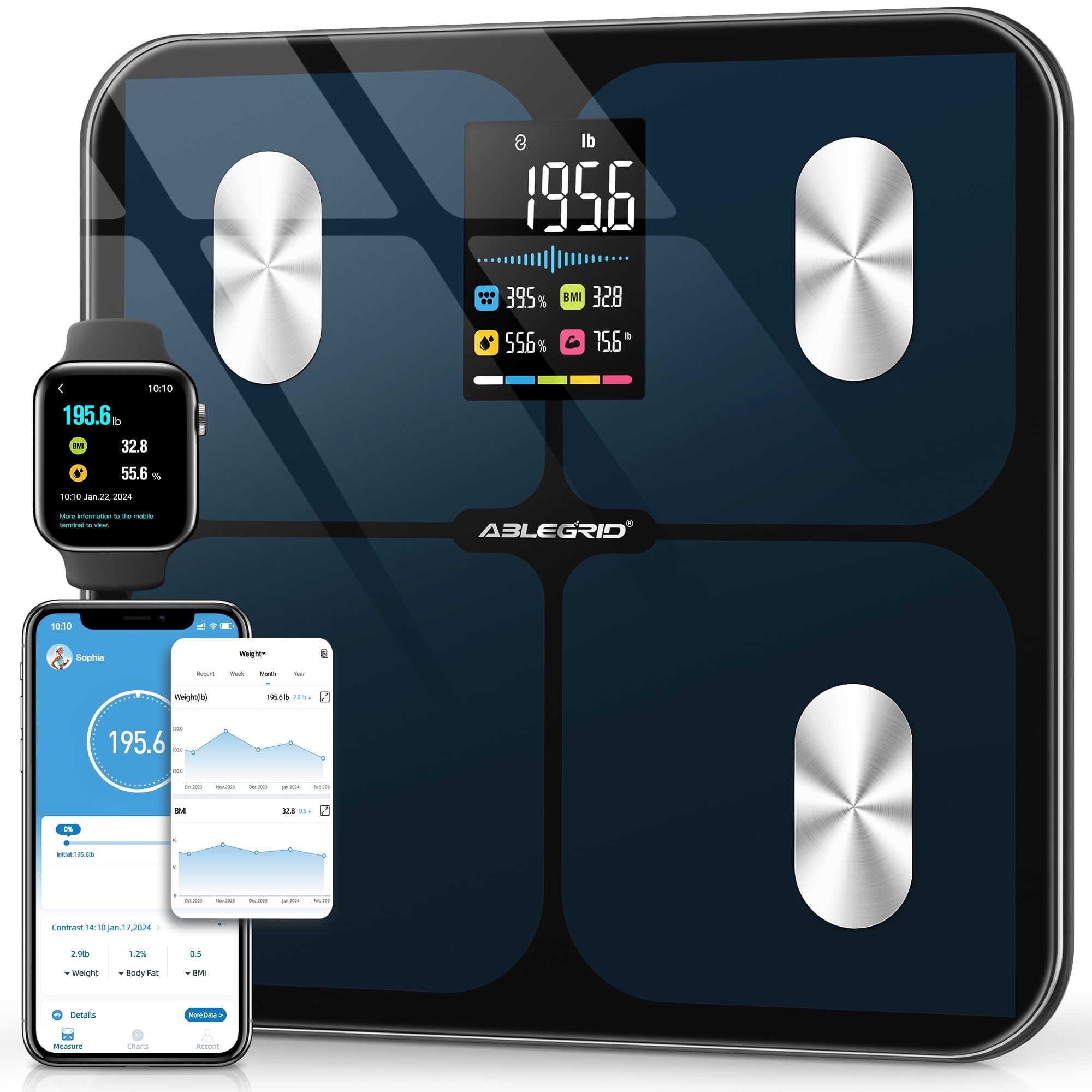 ABLEGRID Smart Digital Bathroom Scale for Body Weight and Fat Percentage Battery Powered, 400lb, Black