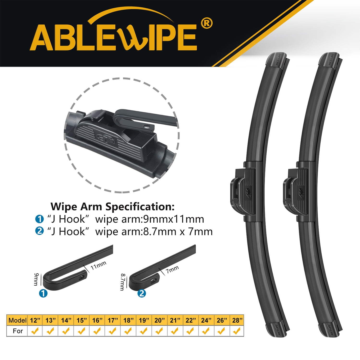 ABLEWIPE 24 Inch + 22 Inch Windshield Wiper Blades Fit For Ford Flex 2011 24"&22" Bracketless Hybrid Wiper Replacement For Car Window (Pack of 2), P28401S