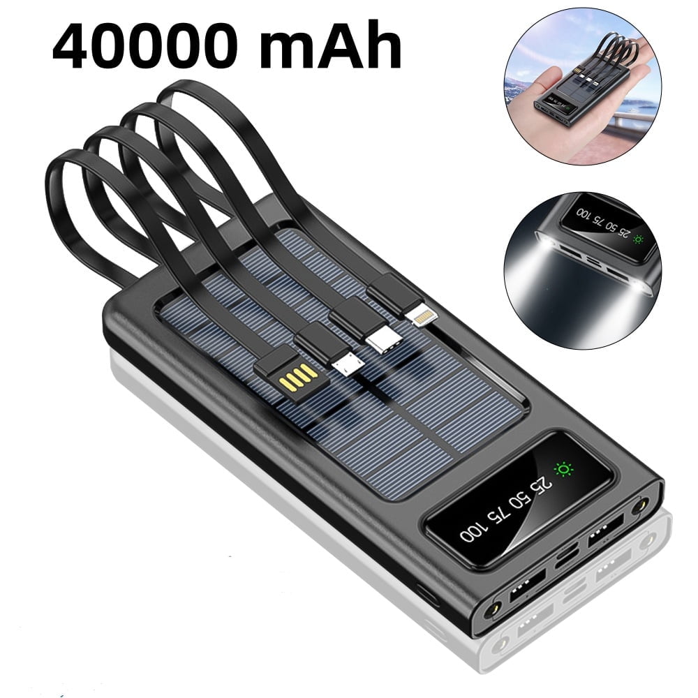 ABLINK 40000mAh Solar Power Bank, Portable External Backup Battery Pack with Dual Flashlight and 4 USB Cables