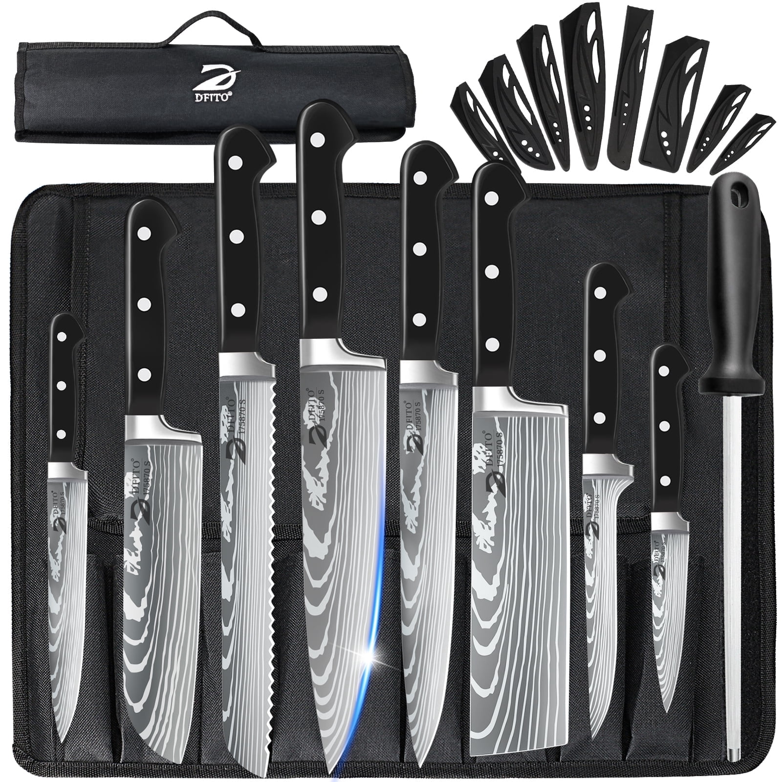 ABLINK 9-Piece Damascus High Carbon Stainless Steel Kitchen Knife Set with Roll Bag