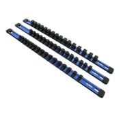 ABN Blue Aluminum SAE Socket Holder Rail & Clip 3-Piece Set 1/4" 3/8” 1/2" Inch