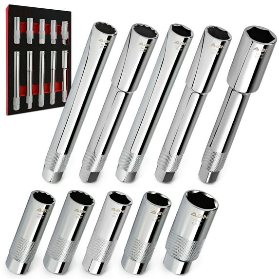 ABN Extra Deep Well Socket Set 10pc - 3/8in Drive 6 and 12pt Rubber Socket Set