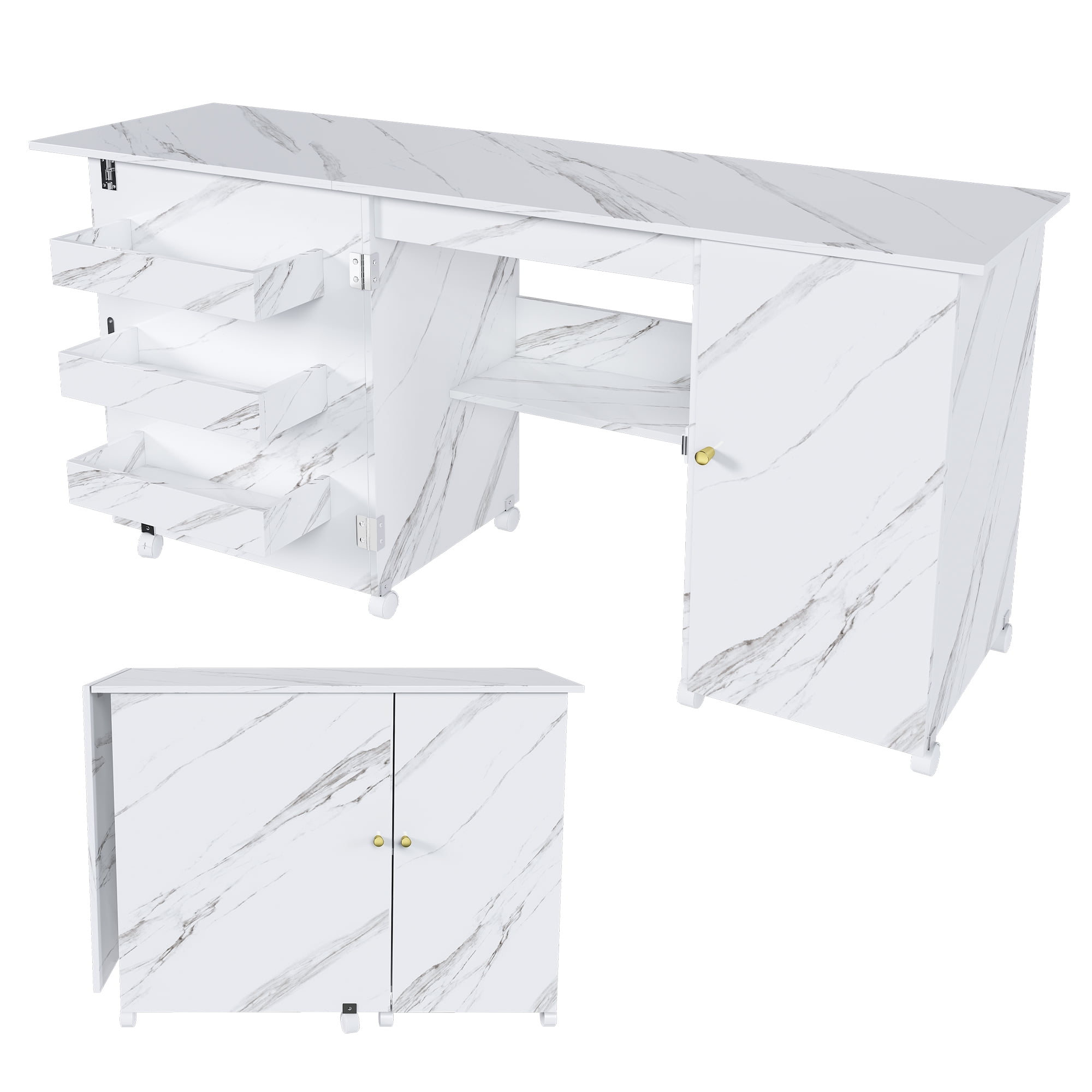 ABNO1  57.5" Foldable Sewing Machine Table with Locking Casters, Multi-Storage Craft Station with Shelves, Bins & Cabinet, Adjustable Sewing Cabinet for Home, Bedroom, and Craft Room(White)