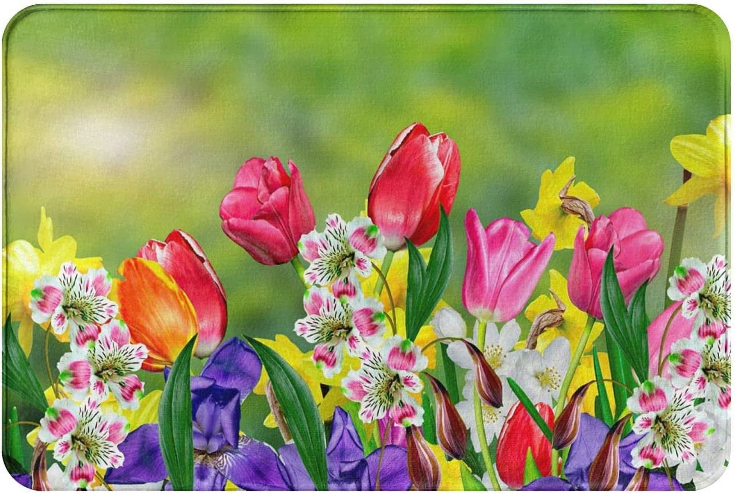 ABOAKRL Spring Flowers Daffodils Tulips Doormat Outdoor Entrance