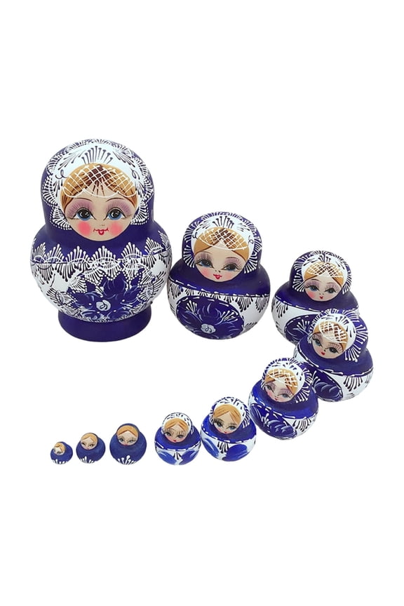 10-Piece Blue Shaped Russian Nesting Dolls (Matryoshka) Handmade from Satinwood - Stacking Wooden Doll Set for Collectors, Christmas Decoration, and Heirloom Keepsake Gifts