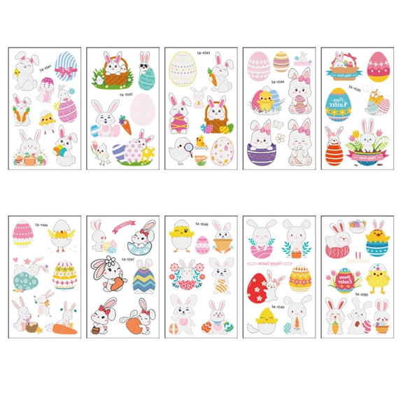 ABODELINE 10 Sheets Glitter Easter Temporary Tattoos, Colorful Spring Holiday Design with Bunnies, Eggs, and Chicks for Easter Basket Stuffers