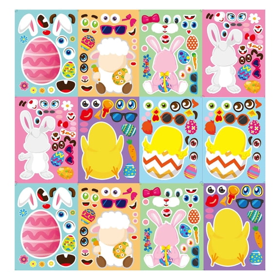 ABODELINE 12 Sheets Easter Stickers Easter Gifts for Kids Toddlers Make Own Face Bunny Sheep Rabbit Colored Egg Chicks School Game Activities Party Favor Supplies