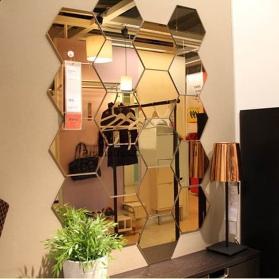 ABODELINE 12pcs Hexagon 3D Acrylic Mirror Wall Stickers DIY Self-Adhesive Bedroom Living Room Background Mirror Decal Decoration,S (4.6 * 4cm)