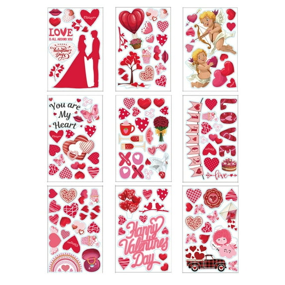 ABODELINE 9 Sheets Valentine's Day Classic Window Cling Stickers Red Pink Love Heart Cake Cupid Reusable Window Decals for Wedding Anniversary Party Home Office Classroom Decoration